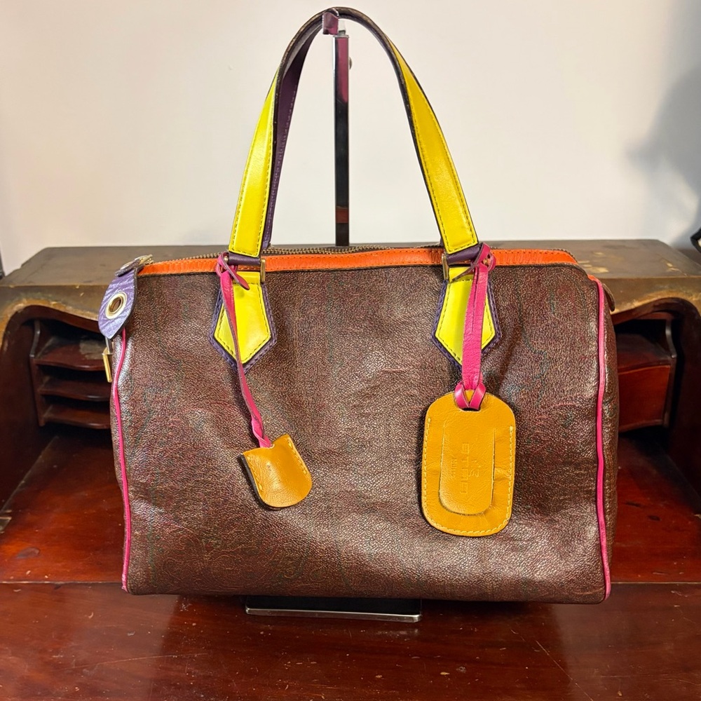 Etro Boston bag in burgundy paisley design with colorful accents